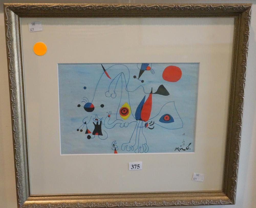 After Joan Miro, stamped on back, frame 44cm x 40cm, artwork 26cm x 15cm sold by Woodlands Auctions, lot 375 — auction record photograph