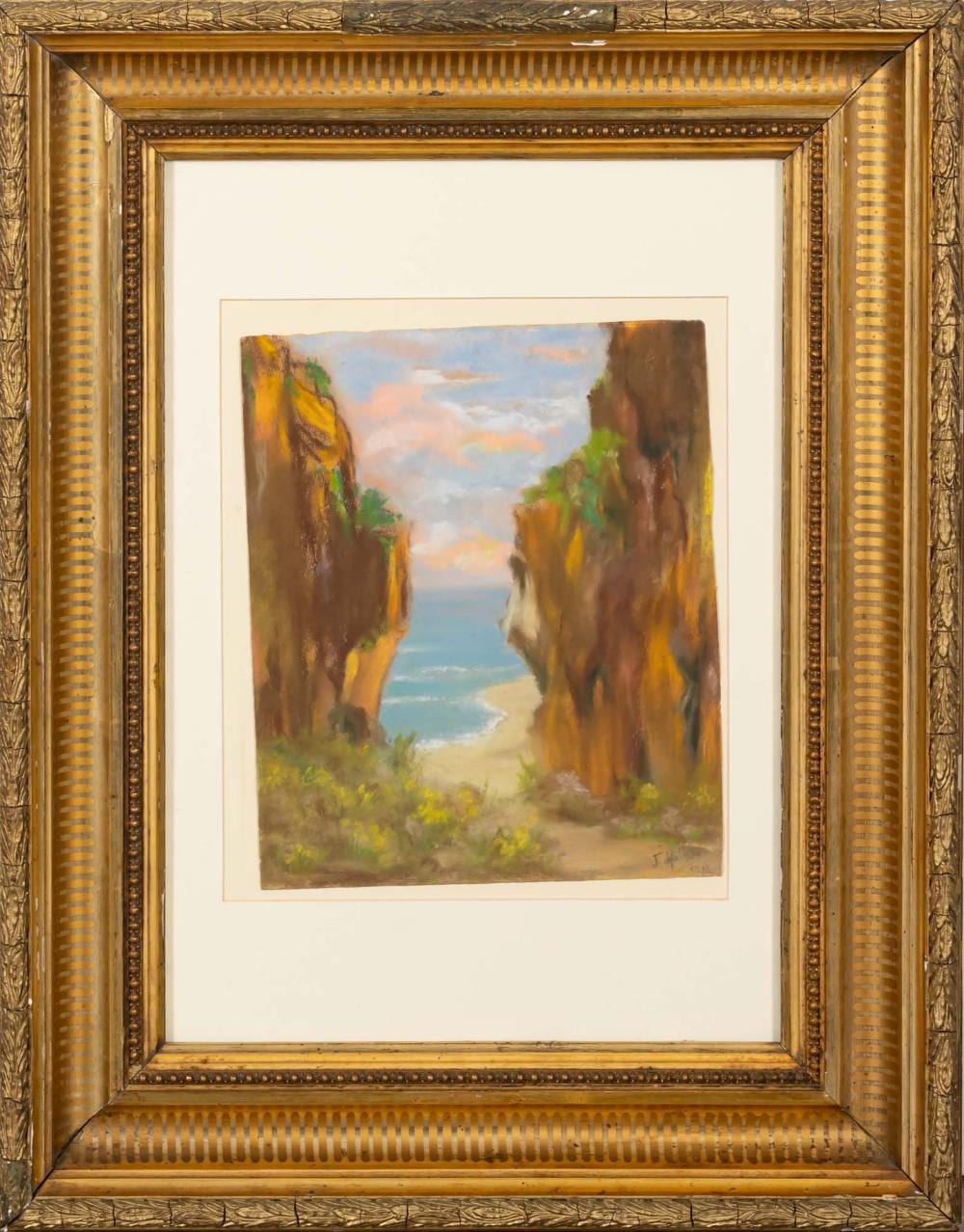 José Malhoa comparable auction result: jos malhoa vista de fal sias e praia pastel sobre cart o dim aprox 29 x 24 cm