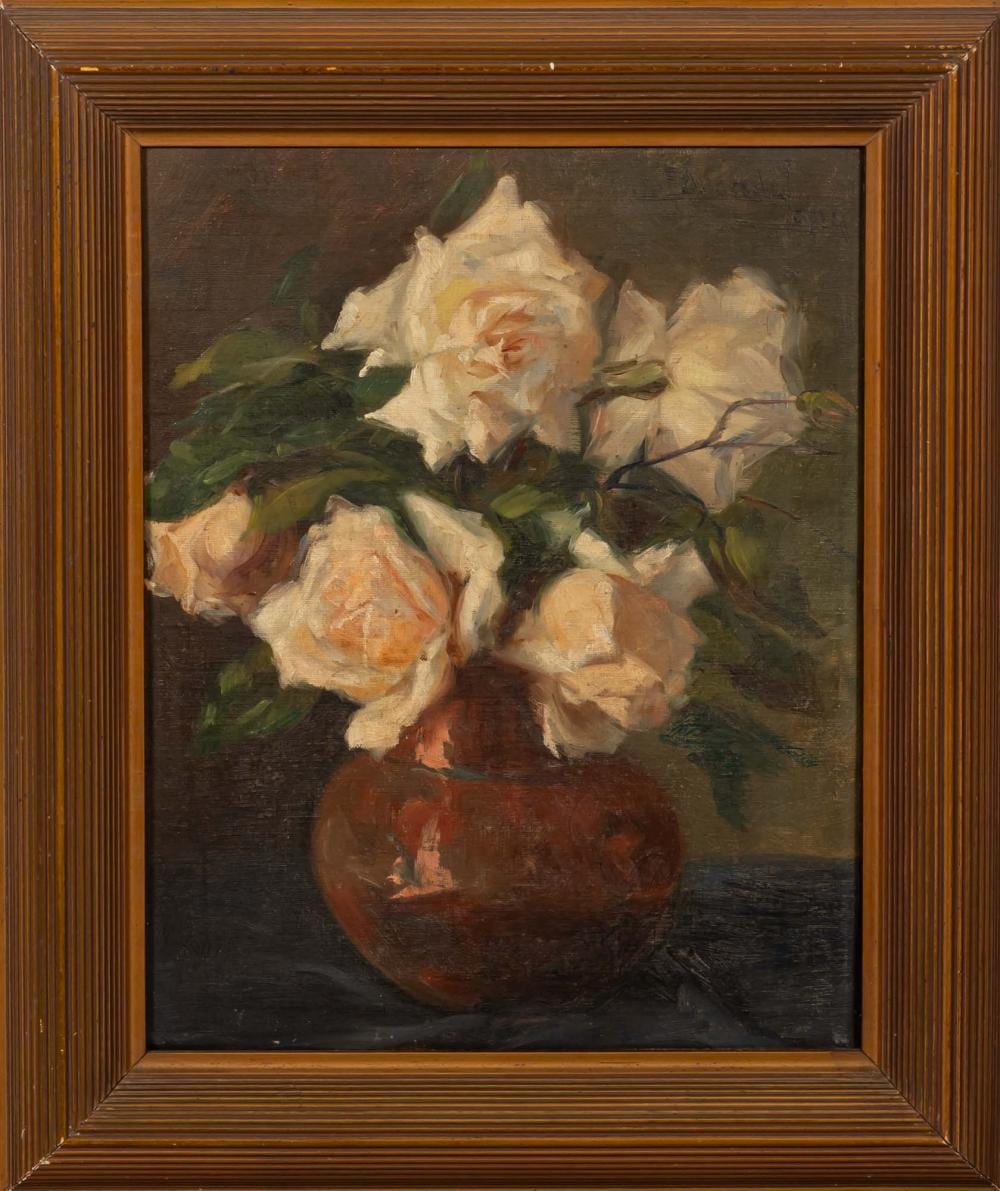 Eduarda Lapa comparable auction result: eduarda lapa jarra com rosas leo sobre tela dim aprox 41 x 32 cm