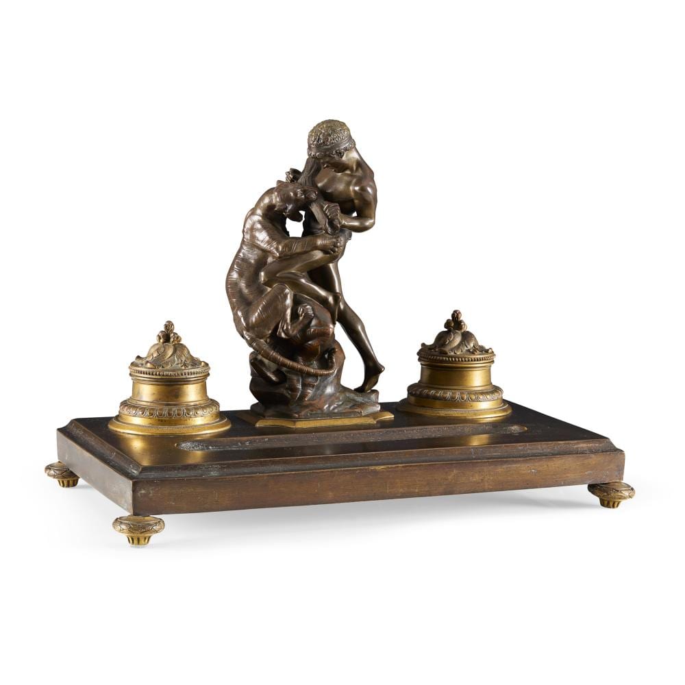 Edouard Drouot comparable auction result: french bronze and gilt metal inkstand depicting hercules and the nemean lion after edouard drouot