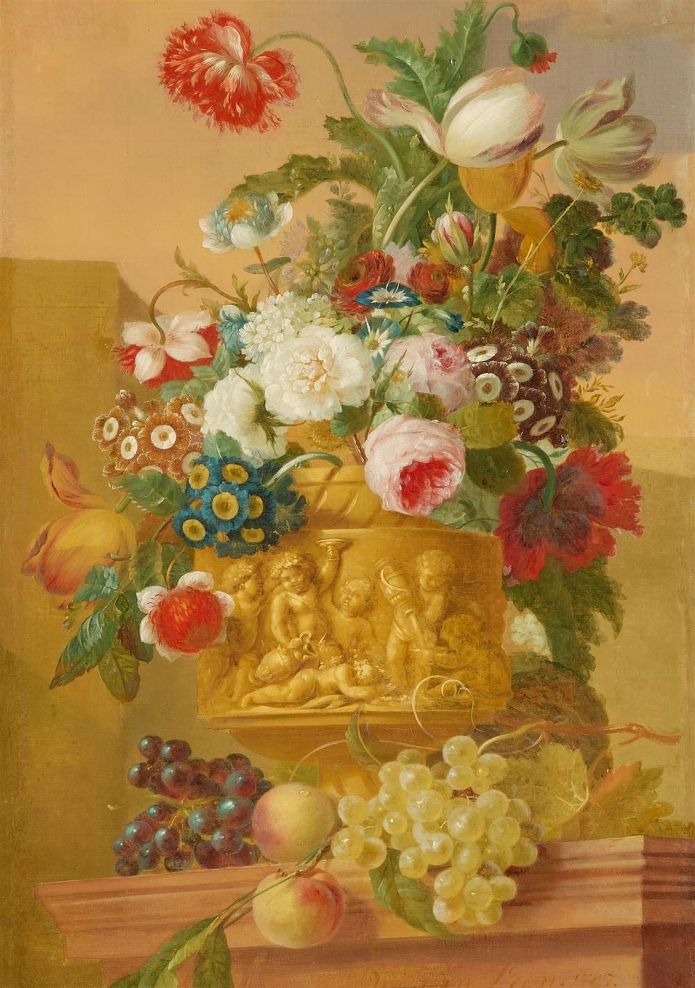 Willem van Leen comparable auction result: willem van leen flowers in a vase with a relief of bacchantes