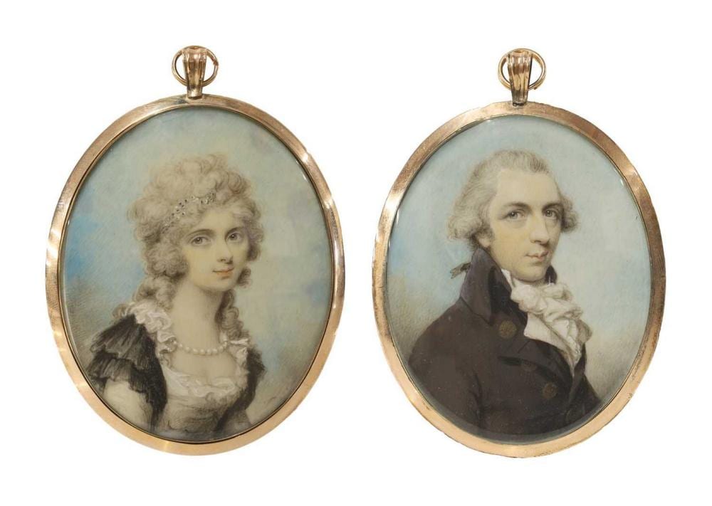 Philip Jean comparable auction result: philip jean british 1755 1802 portrait of mr william jackson bust length in a brown coat and a portrait of mrs jackson bust length in a white dress and pearl necklace