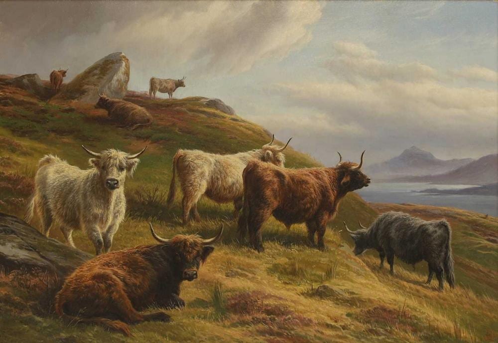 Charles Jones comparable auction result: charles jones british 1836 1902 highland cattle in a mountain landscape with a distant loch