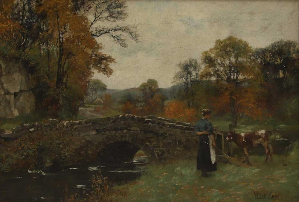 Yeend King comparable auction result: henry john yeend king british 1855 1924 a wooded landscape with a girl and a cow by a bridge