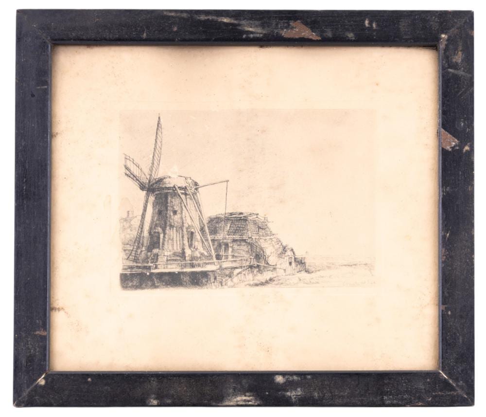 Framed black-and-white print showing a windmill and a row of buildings along a canal or shoreline.