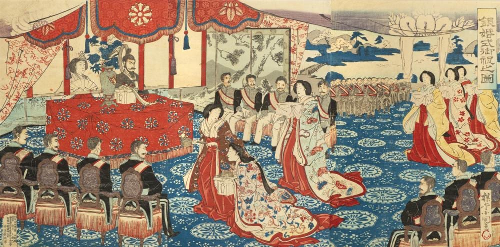 Utagawa Kokunimasa comparable auction result: utagawa kokunimasa 1874 1944 a nishiki e woodblock print triptych depicting the ceremony commemorating the 25th wedding anniversary of emperor meiji
