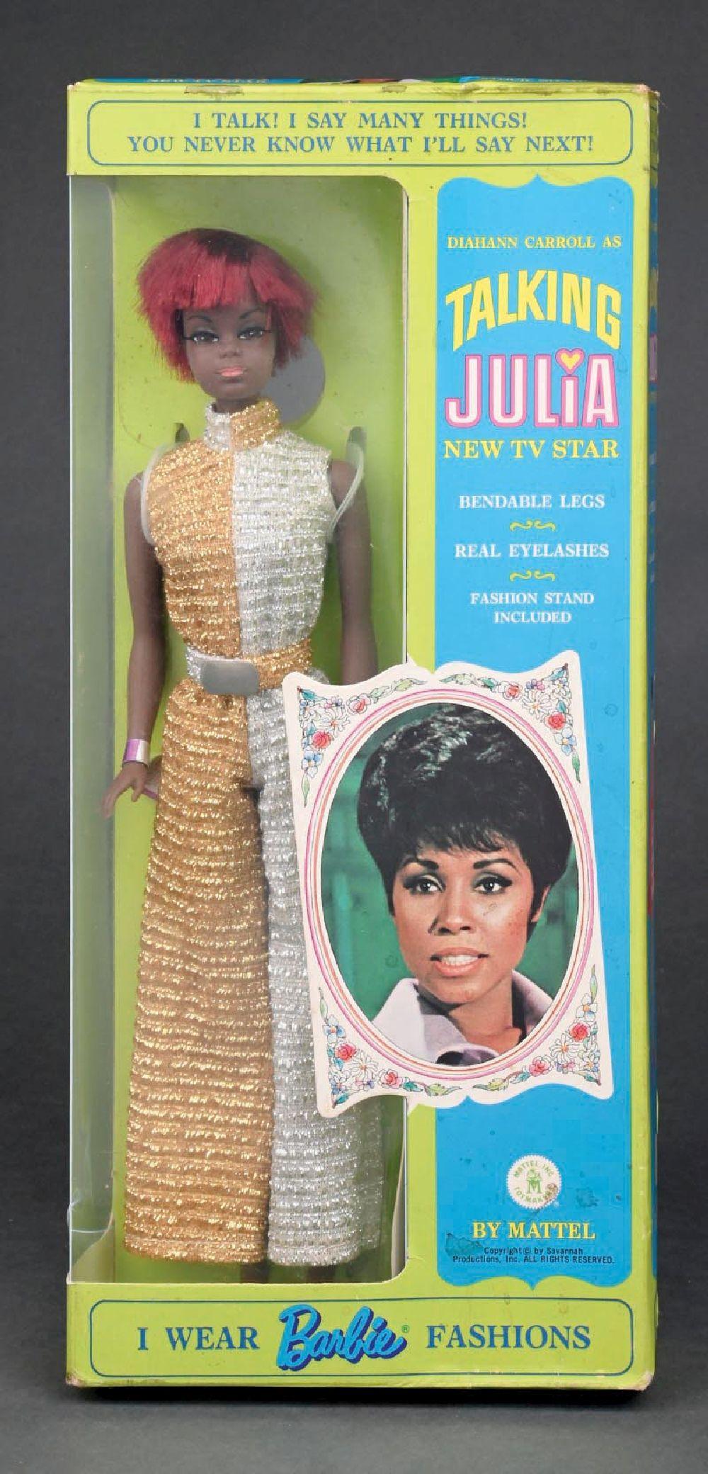 Vintage Barbie-style “Talking Julia” doll in a box, shown front with the doll portrait and product text on the packaging.
