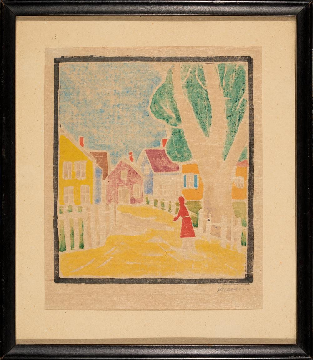 Lillian Burk Meeser comparable auction result: lillian burk meeser pennsylvania michigan 1864 1942 provincetown street with figure circa 1925 1930 white line woodblock print block 5 5 x 4 75 framed 8 75 x 7 5