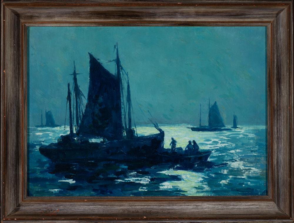 Tod Lindenmuth comparable auction result: tod lindenmuth massachusetts florida 1885 1976 the fleet coming in undated oil on panel 10 x 14 framed 12 5 x 16 5