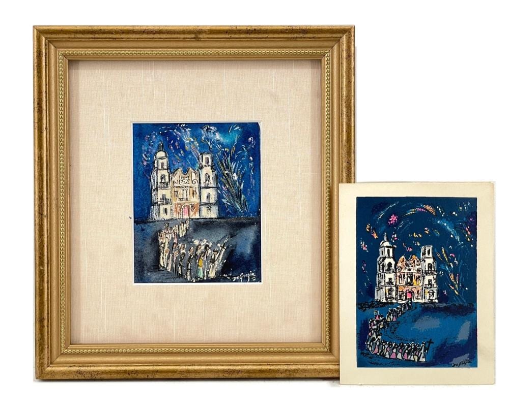 Ted DeGrazia comparable auction result: original ted degrazia procession at san xavier mission watercolor on paper with postcard