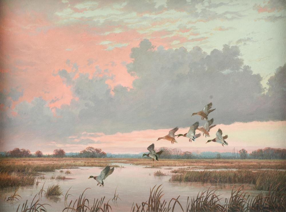 Cal Gaspard comparable auction result: cal gaspard american 1934 2020 ducks alighting on a marsh untitled 20th century 18 x 24 in 45 7 x 61 cm frame 25 x 31 in 63 5 x 78 7 cm
