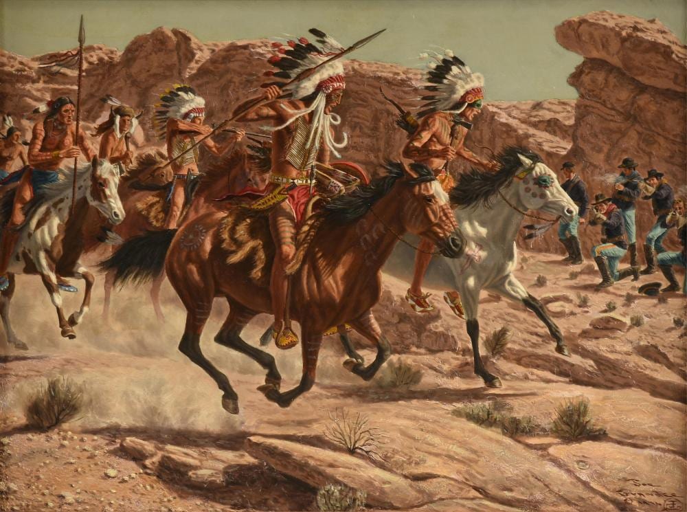 Joe Ruiz Grandee comparable auction result: joe ruiz grandee american texas 1929 2021 the foe at bay 1976 18 x 24 in 45 7 x 61 cm frame 24 1 4 x 30 1 4 in 61 6 x 76 8 cm