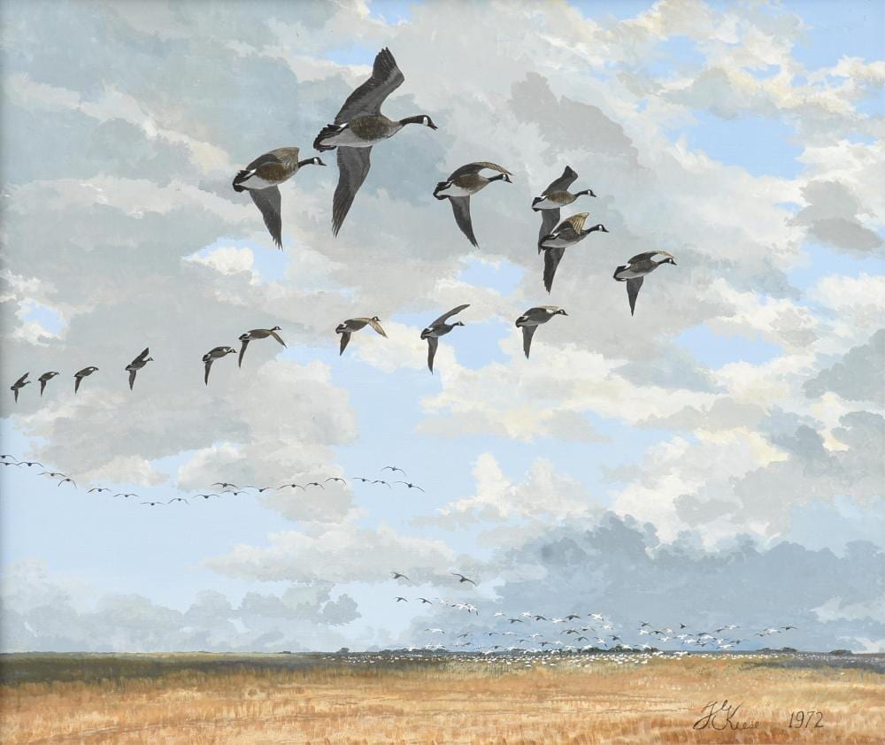 travis keese american texas 1932 2023 honkers over a winter prarie 1972 20 x 24 in 50 8 x 61 cm frame 28 1 4 x 32 1 4 in 71 8 x 81 9 cm · Simpson Galleries, LLC · 2026-05-16 Travis Keese comparable auction result: travis keese american texas 1932 2023 honkers over a winter prarie 1972 20 x 24 in 50 8 x 61 cm frame 28 1 4 x 32 1 4 in 71 8 x 81 9 cm