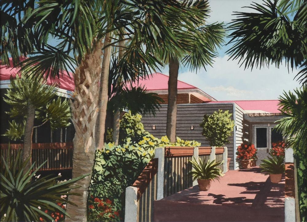 T.A. Newnam comparable auction result: thomas a newnam american b 1946 pink house with palms untitled 21st century 21 x 29 in 53 3 x 73 7 cm frame 31 x 39 in 78 7 x 99 1 cm