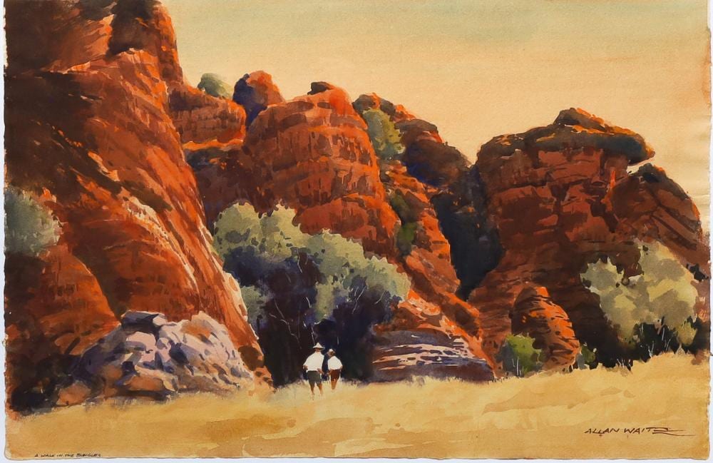 Allan Waite comparable auction result: allan waite a walk in the bungles original watercolour and ink i 36cm x 56cm f 47cm x 66cm