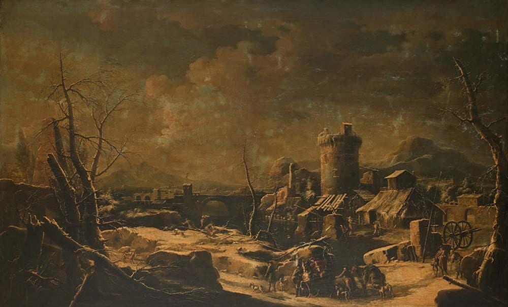 Marco Ricci comparable auction result: marco ricci attributed to belluno 1676 venice 1730 snowy landscape depicting a village with a tower and figures