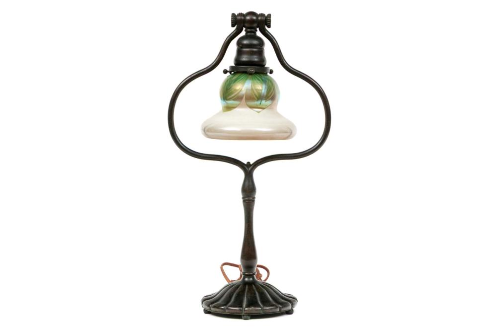 TIFFANY STUDIOS NEW YORK ANTIQUE BRONZE HARP TABLE LAMP WITH LCT SIGNED SHADE sold by Black Rock Galleries, lot 43 — auction record photograph