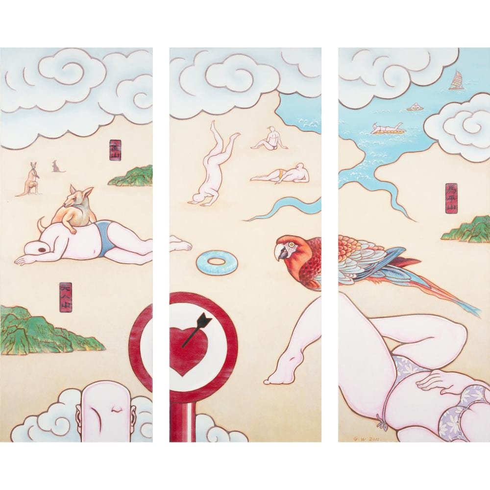 Guan Wei comparable auction result: guan wei chinese born 1957 play on the beach no 12 2011 acrylic on canvas triptych 130 x 150cm overall