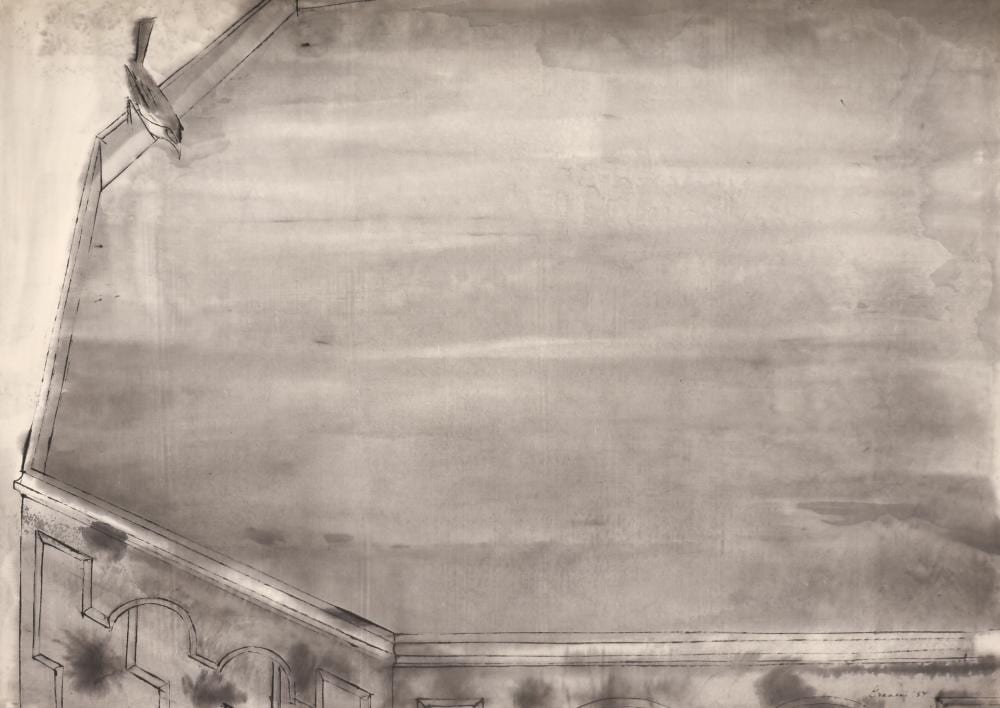 Morris Graves comparable auction result: morris graves bird drinking from fountain 1954 ink and wash