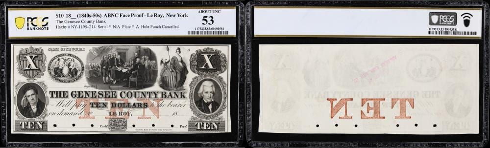 leroy new york genesee county bank 18xx 10 pcgs banknote about uncirculated 53 face proof · Stack's Bowers Galleries · 2026-05-06 Le Roy Daniel MacMorris comparable auction result: leroy new york genesee county bank 18xx 10 pcgs banknote about uncirculated 53 face proof
