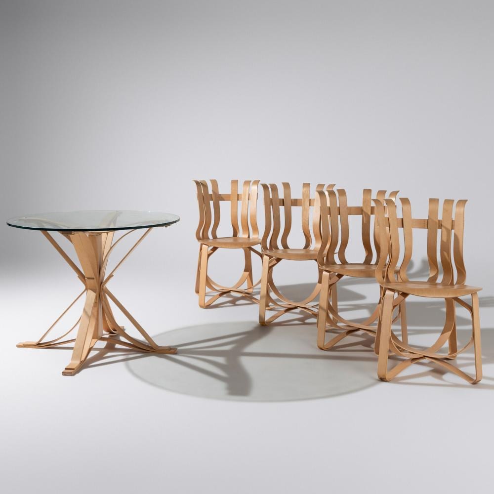 Frank O. Gehry comparable auction result: frank gehry canadian american 1929 2025 face off table and hat trick chairs set of four knollstudio canada usa 1990 1993