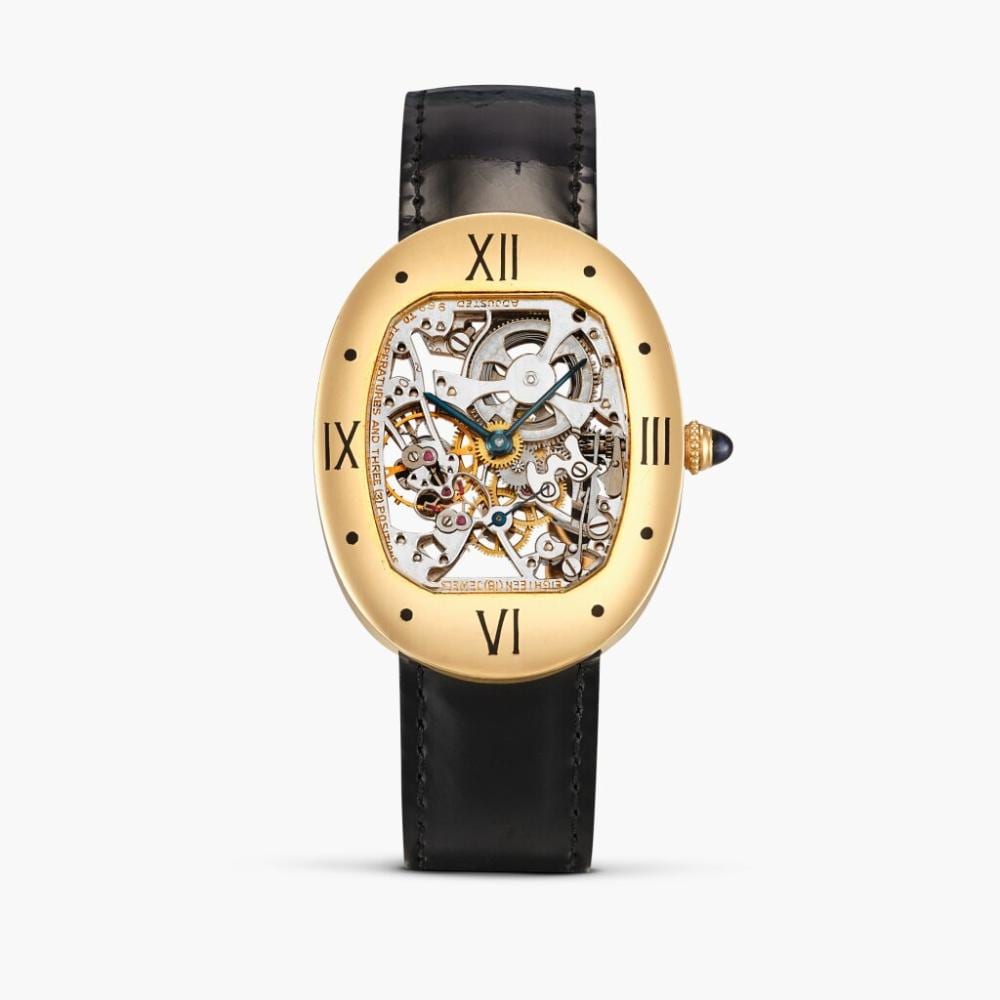 New York retailed | A very fine and exceptionally rare yellow gold oval form skeletonised wristwatch, Circa 1973 comparable sale