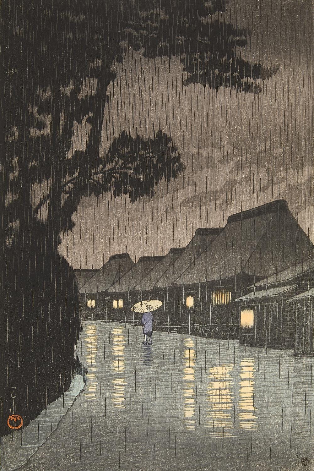 Hasui Kawase comparable auction result: hasui kawase rain at maekawa woodblock print