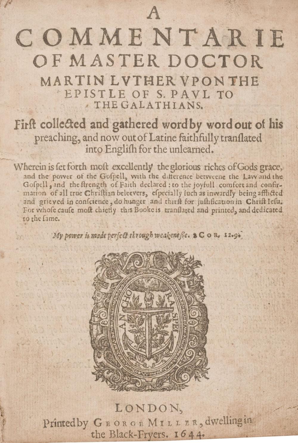 Luther Evans DeJoiner comparable auction result: luther martin a commentarie upon the epistle of s paul to the galathians 1644