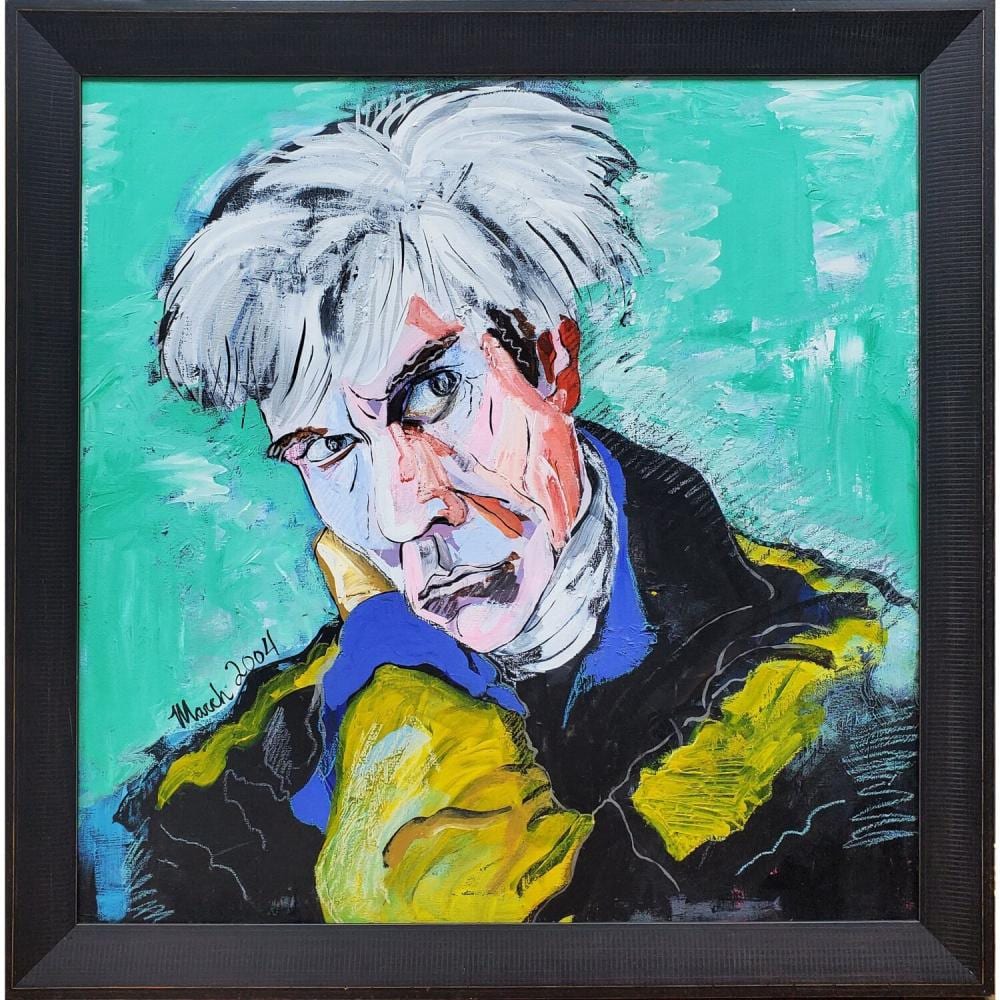 Framed colorful portrait painting of a white-haired man resting his head on one hand.