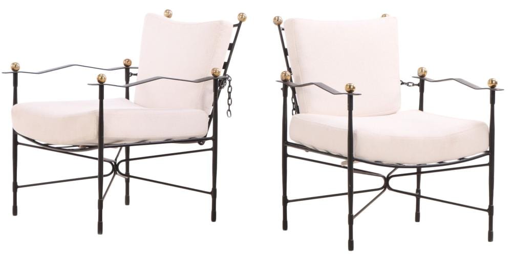 Mario Carreño comparable auction result: pair painted iron and brass amalfi arm chairs with loose cushion upholstery designed by mario