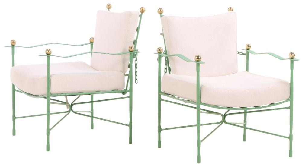 Mario Carreño comparable auction result: pair painted iron and brass amalfi arm chairs with loose cushion upholstery designed by mario