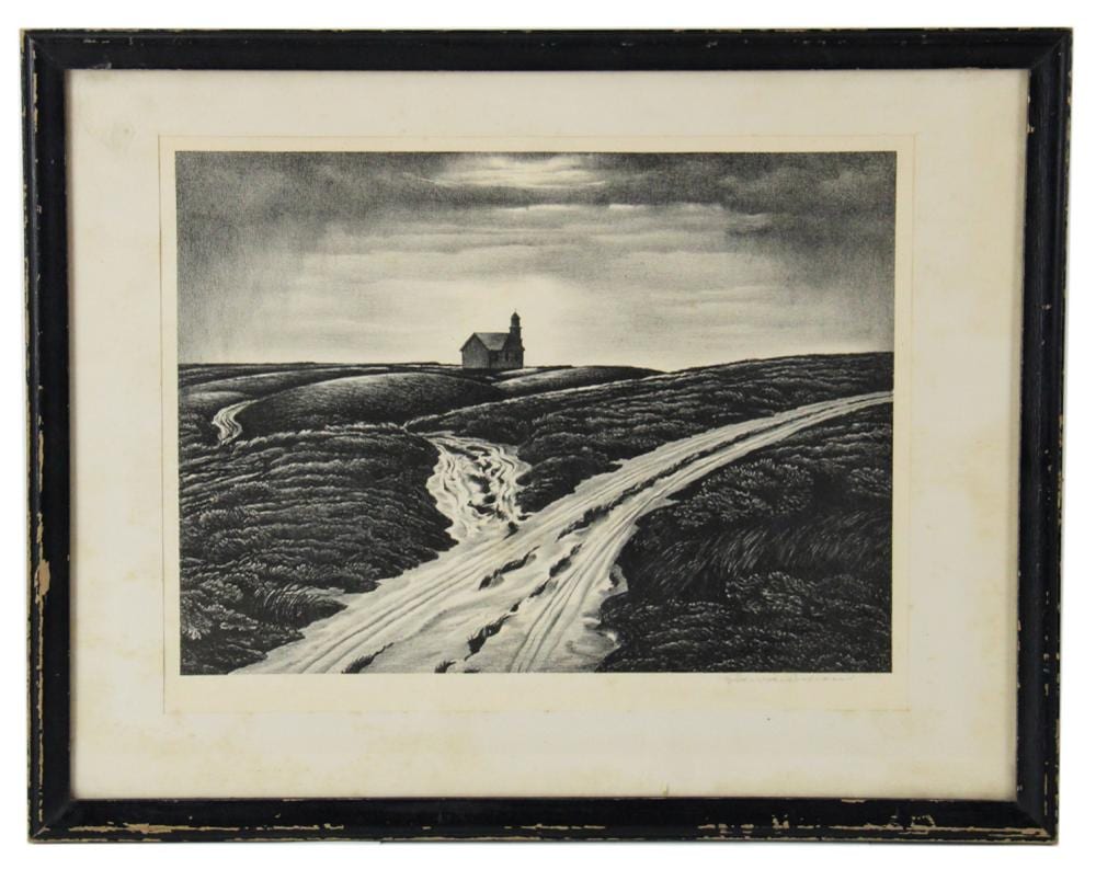edward a wilson hog back meeting house lithograph · Kaminski Auctions · 2026-05-16 Edward Arthur Wilson comparable auction result: edward a wilson hog back meeting house lithograph