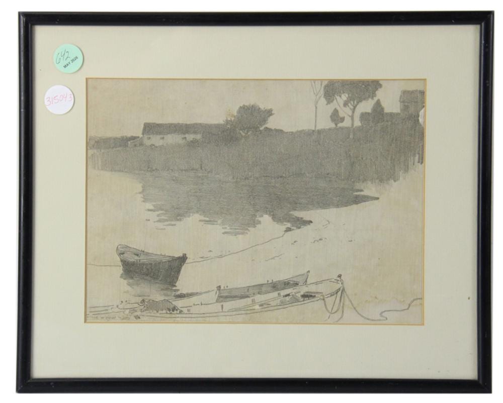 Arthur Wesley Dow comparable auction result: arthur wesley dow shoreline with boats pencil drawing