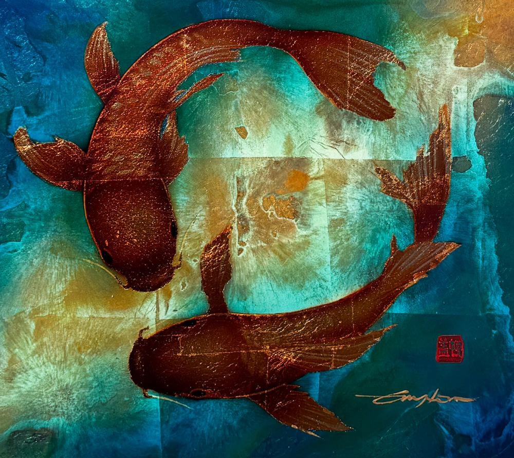 Patrick Guyton comparable auction result: patrick guyton koi with red chop mixed media