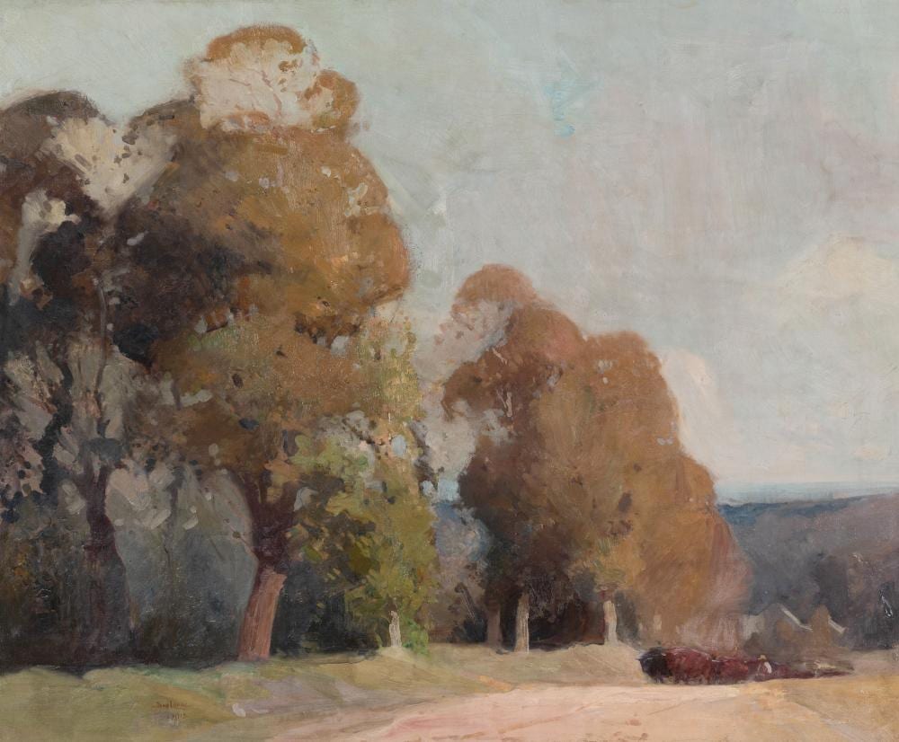 Sydney Long comparable auction result: sydney long 1871 1955 australian pastoral with farmer and bullock team 1913