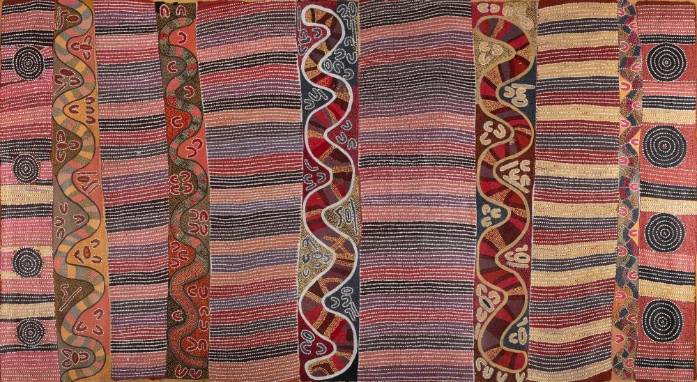 Lindsay Bird Mpetyane comparable auction result: lindsay bird mpetyane born circa 1935 snake dreaming at akaye soakage mulga bore 1990