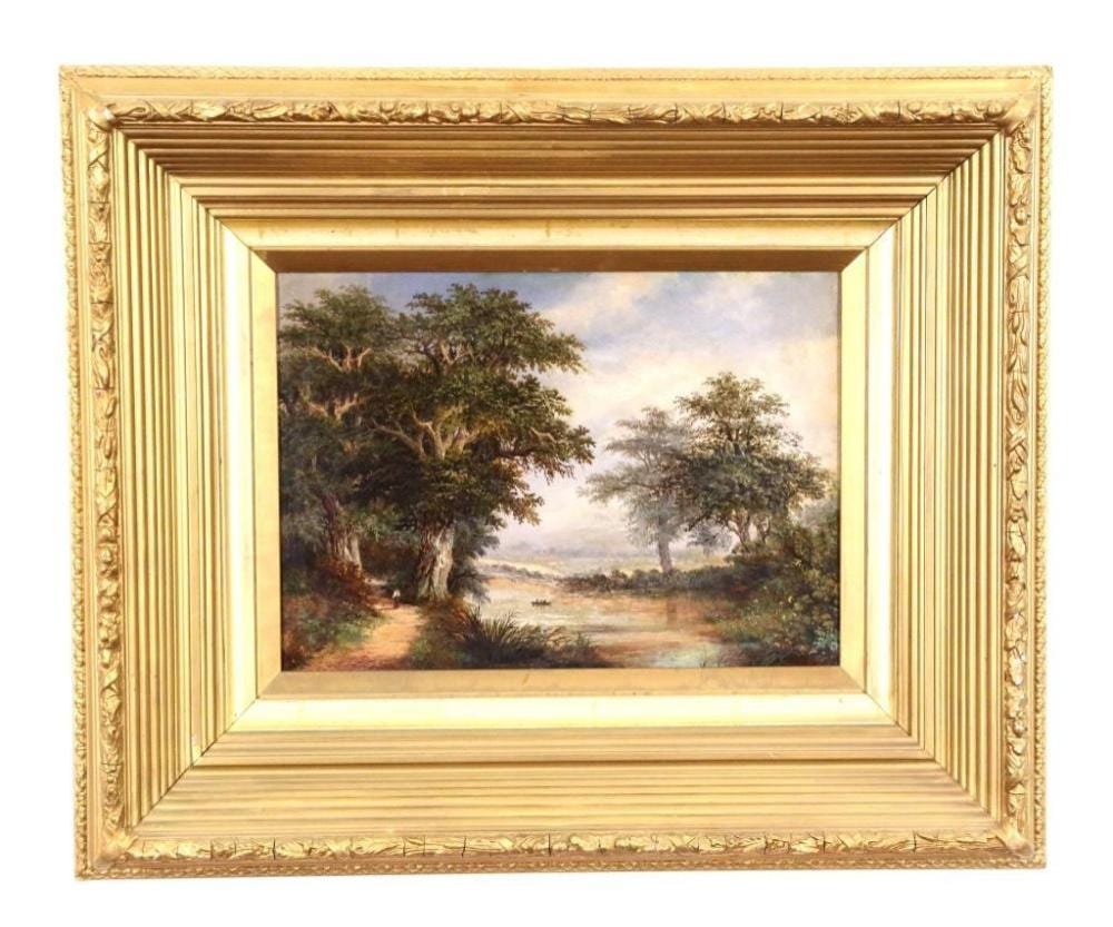 Diya al-Azzawi comparable auction result: d cox boat in landscape oil on canvas 19th century h 24 5cm w 34 5cm