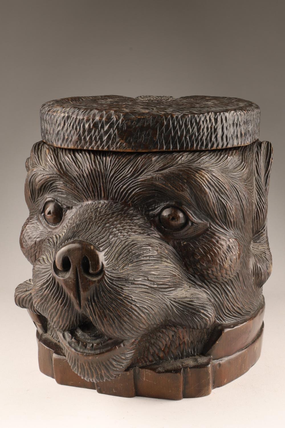 Antique Black Forest Dog's Head Carved Tobacco or Cookie Jar sold by Kavanagh Auctions, lot 254 — auction record photograph