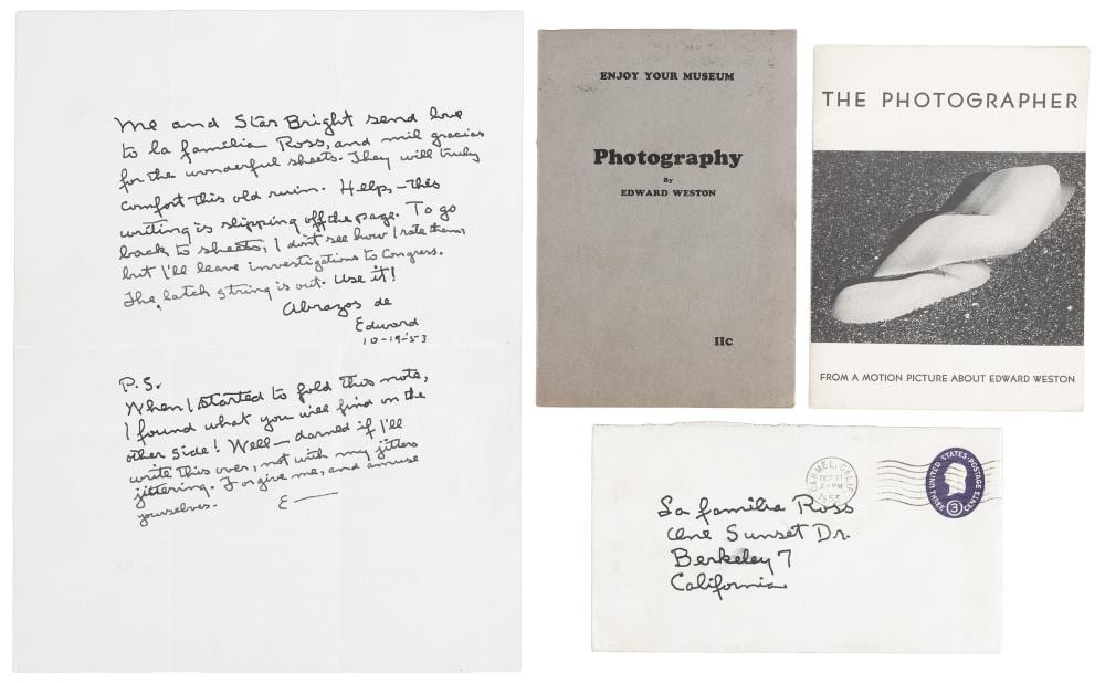 autograph letter from edward weston to la familia ross with ephemera · PBA Galleries Auctions & Appraisers · 2026-05-28 Edward Weston comparable auction result: autograph letter from edward weston to la familia ross with ephemera