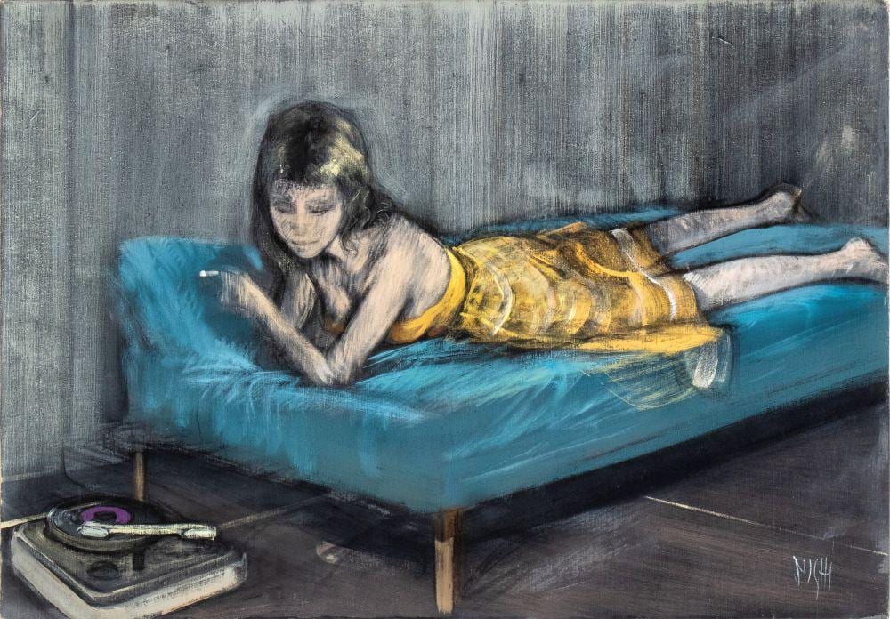 Alberto Sughi comparable auction result: alberto sughi cesena 1928 bologna 2012 girl lying down with a cigarette and a record player