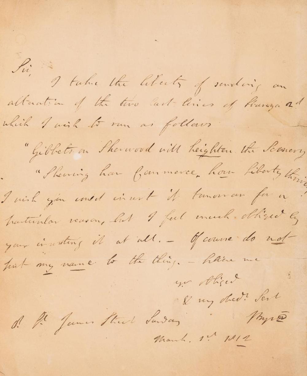 Byron Galvez comparable auction result: byron george gordon noel lord a political ode autograph letter signed by the author dated 1812 tipped in 1880