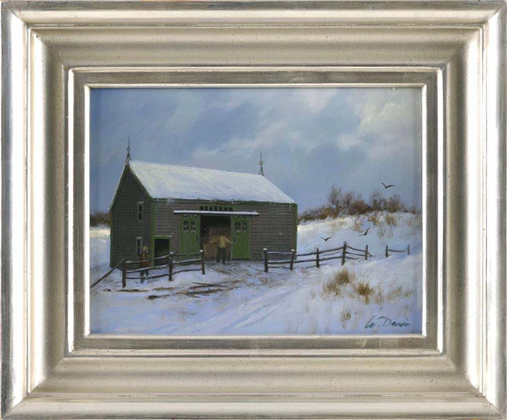 William Robert Davis comparable auction result: william r davis massachusetts 1952 hay barn and early snow oil on panel 6 x 8 framed 9 5 x 11 5
