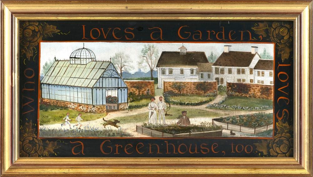 Elizabeth Mumford comparable auction result: elizabeth mumford massachusetts 1950 2020 who loves a garden loves a greenhouse too oil on board 10 x 20 framed 12 25 x 22