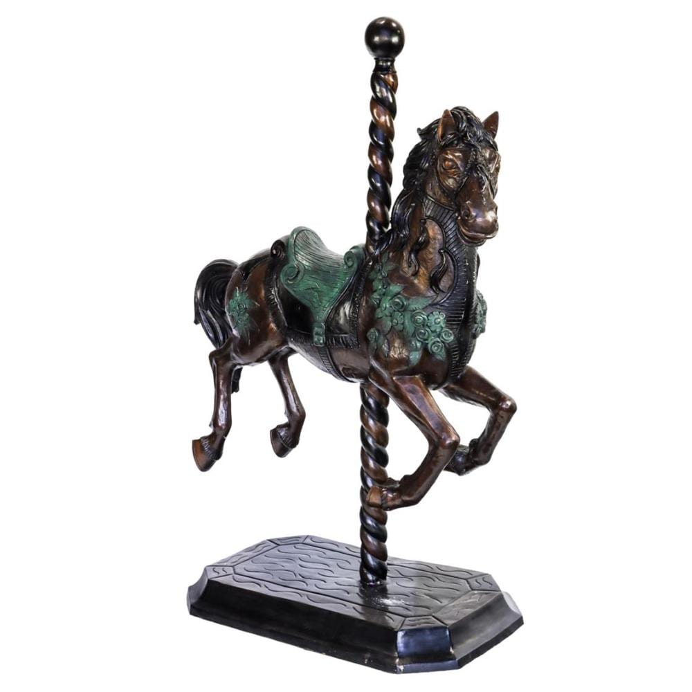 Patinated metal carousel-style horse figure with green and dark bronze tones, mounted on a square base, with a decorative pole twist.