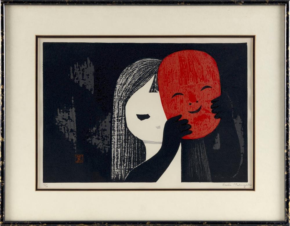 Kaoru Kawano comparable auction result: kaoru kawano japan 1916 1965 girl with red mask woodblock print 11 x 16 sight framed 16 5 x 21