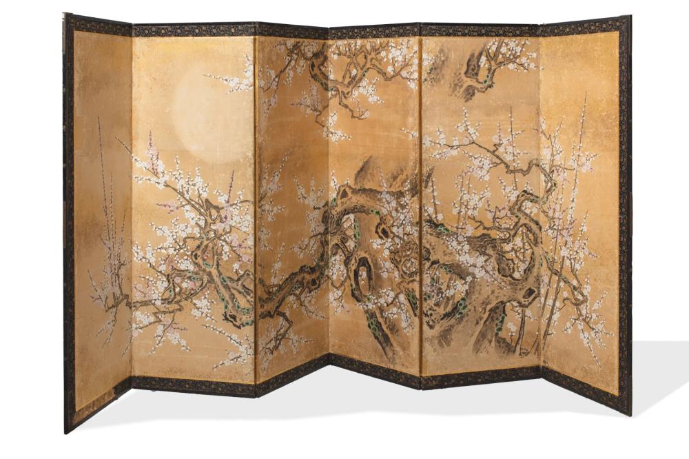 JAPANESE KANO SCHOOL SIX-PANEL PLUM TREE BYOBU FOLDING SCREEN sold by District Auction, lot 37 — auction record photograph