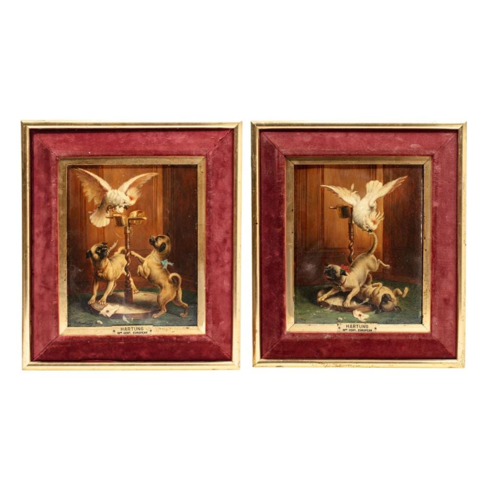 Karl Reichert comparable auction result: karl reichert cockatoo and pugs pair oil