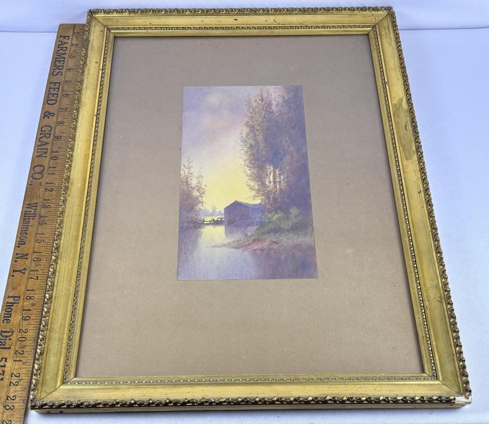 c d wader american b 1849 d 1918 building with fence on stream landscape watercolor painting framed · One Source Auctions · 2026-05-25 Charles Dickens Wader comparable auction result: c d wader american b 1849 d 1918 building with fence on stream landscape watercolor painting framed