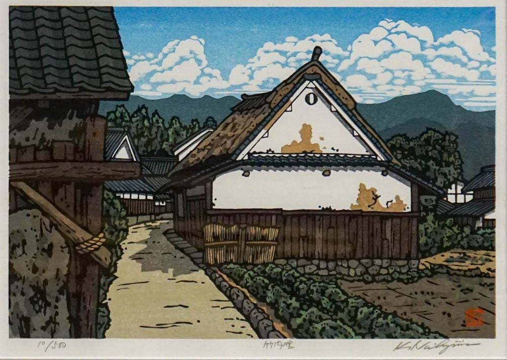 Katsuyuki Nishijima comparable auction result: katsuyuki nishijima japanese b 1945 village scene woodblock print signed l r titled l c and numbered 10 500 l l frame 17 x 22 1 4 in 43 2 x 56 5 cm
