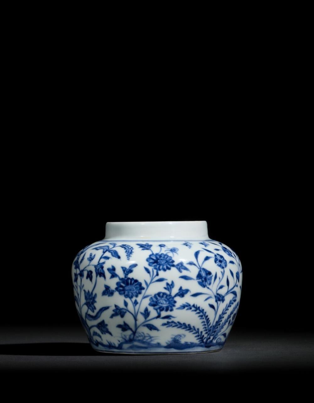 An exceptionally rare and finely painted blue and white 'floral' jar, Mark and period of Chenghua | 明成化　青花九秋圖罐　《大明成化年製》款 comparable sale